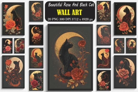 Download Beautiful Rose and Black Cat Wall Arts Bundle - Bundle Collection