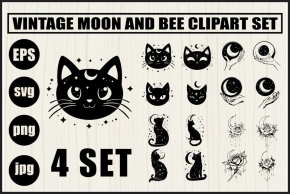 Download Mystical Cat Face &amp; Moon Clipart Bundle - Bundle Collection