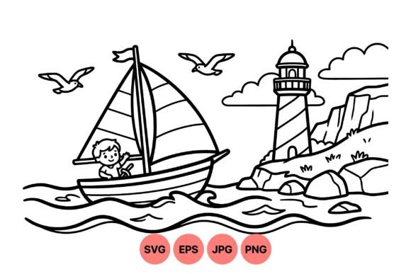 Download Boy Sailing Lighthouse SVG Design - Sign Collection